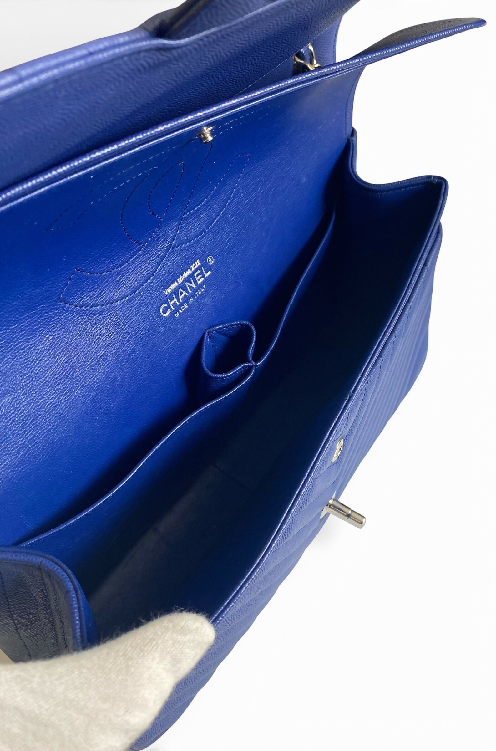 Chanel 2019 Caviar Royal Blue Jumbo Chevron Double Flap Timeless Classic Bag SHW