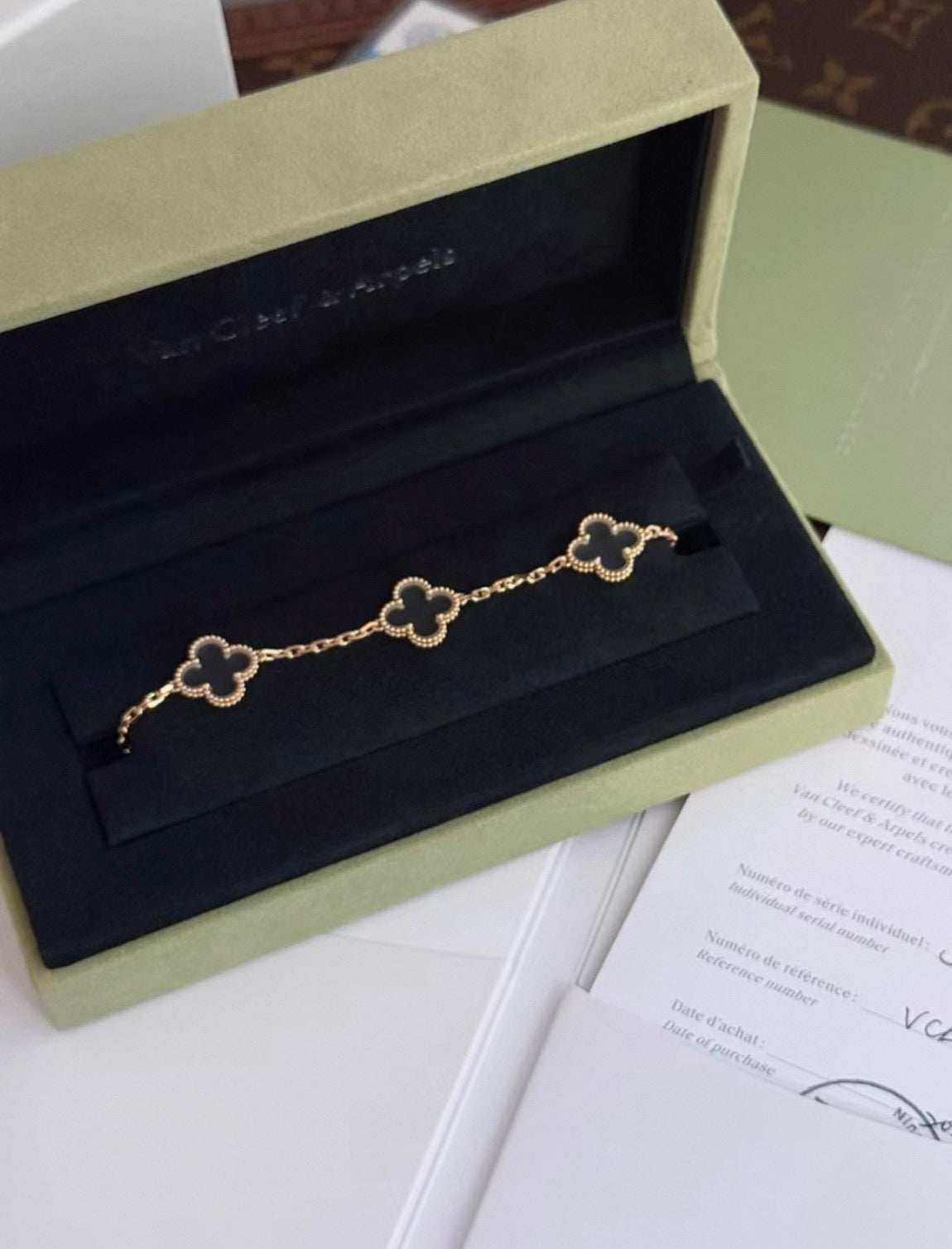 VAN CLEEF & ARPELS 18K Yellow Gold Rock Crystal 5 Motifs Vintage Alhambra Bracelet