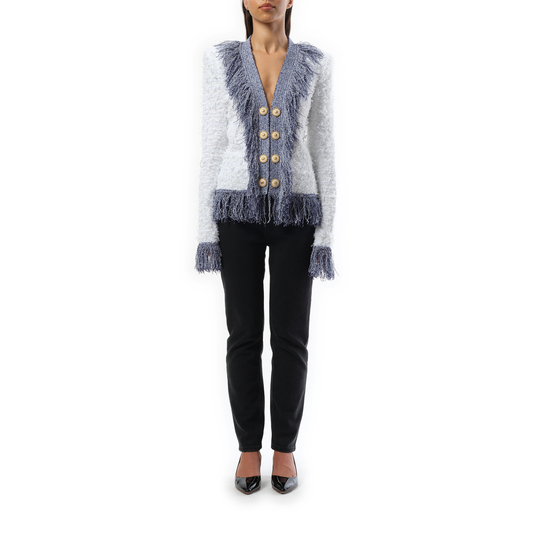 Collarless Glittered Fringed Tweed Jacket in White/Blue