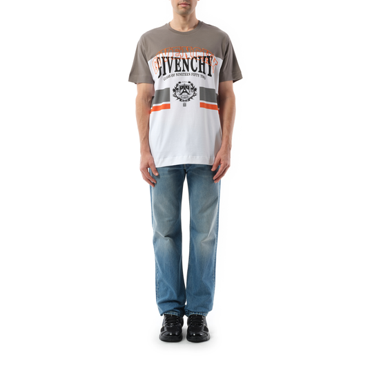 College Print Stripes Logo T-Shirt in Grey/White