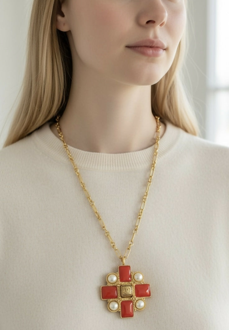 Chanel 13S XL CC Medallion Pendant Pink Coral Gripoix Pearl Gold Statement Necklace