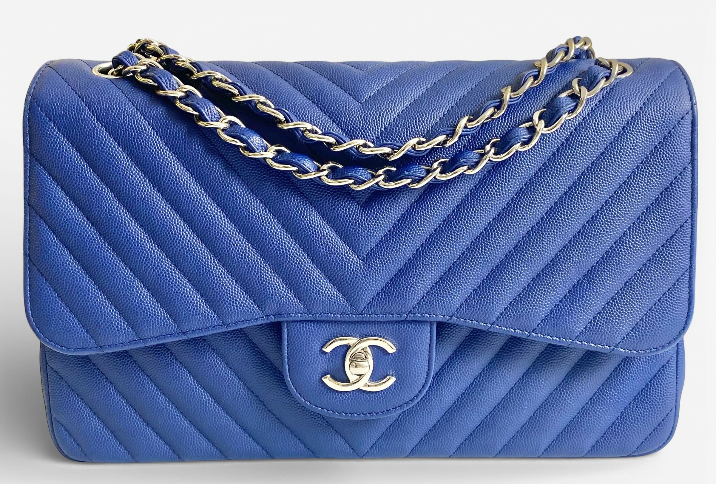 Chanel 2019 Caviar Royal Blue Jumbo Chevron Double Flap Timeless Classic Bag SHW