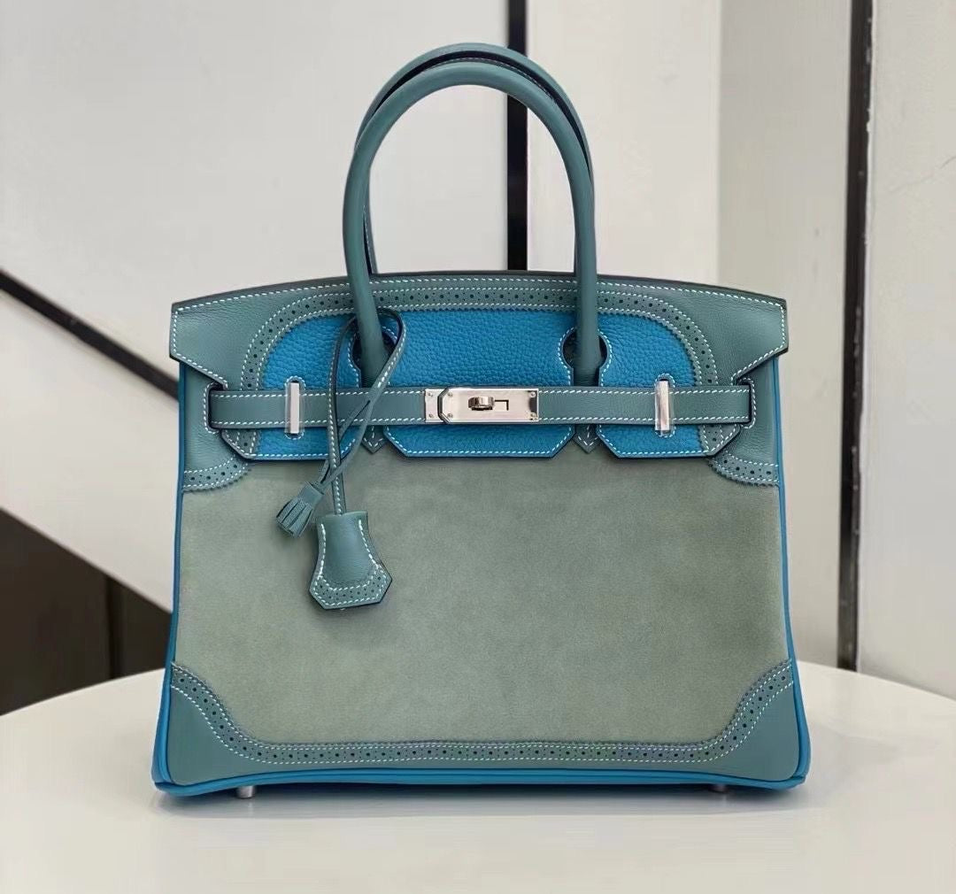 HERMÈS Limited Edition Birkin 30 Ghillies in Blue jeans and gray Doblis suede leather palladium hardware