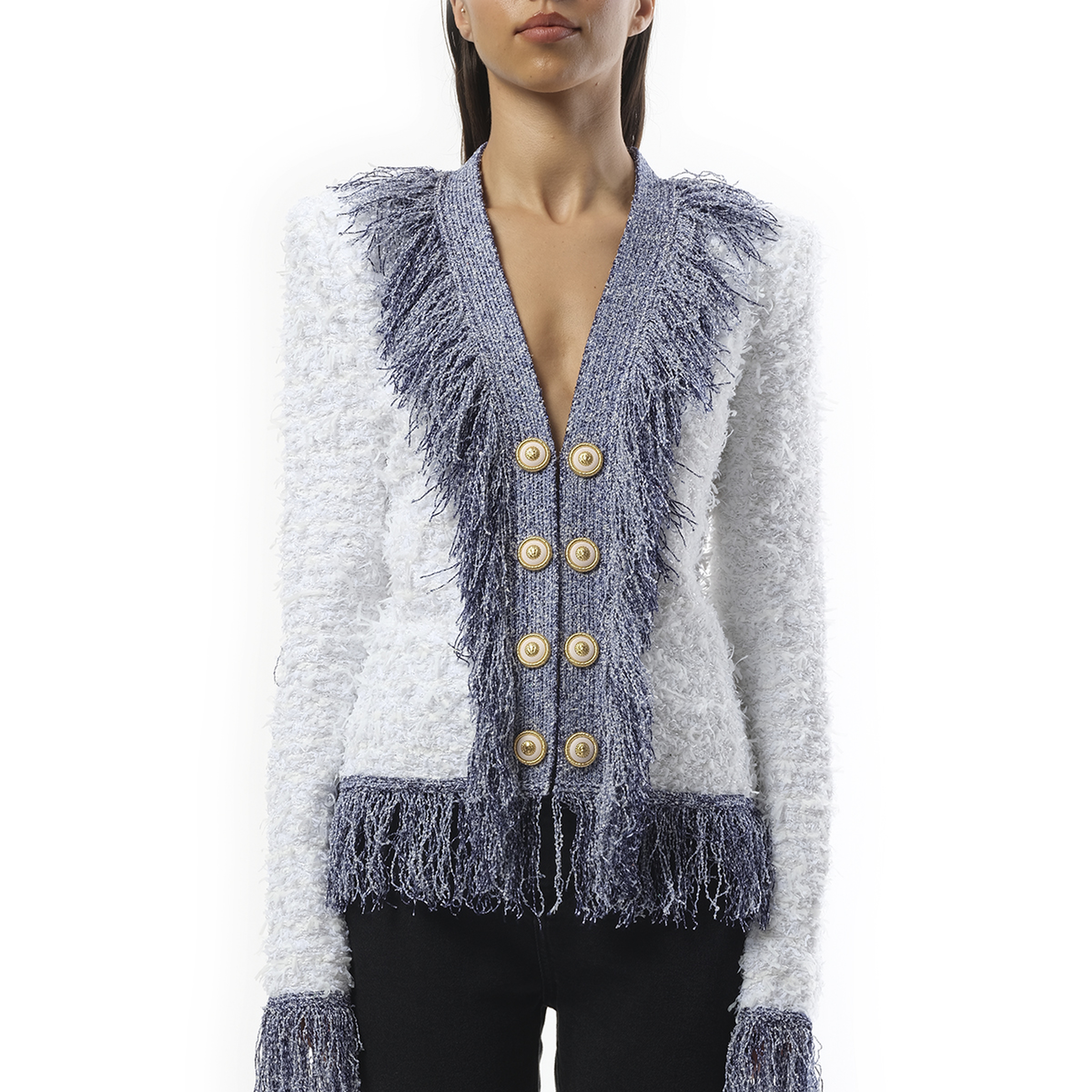 Collarless Glittered Fringed Tweed Jacket in White/Blue