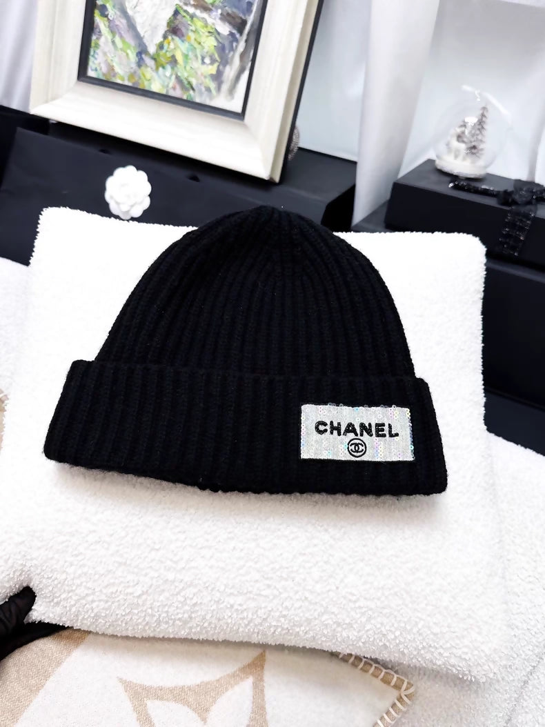 Chanel white sequined logo knit beanie
