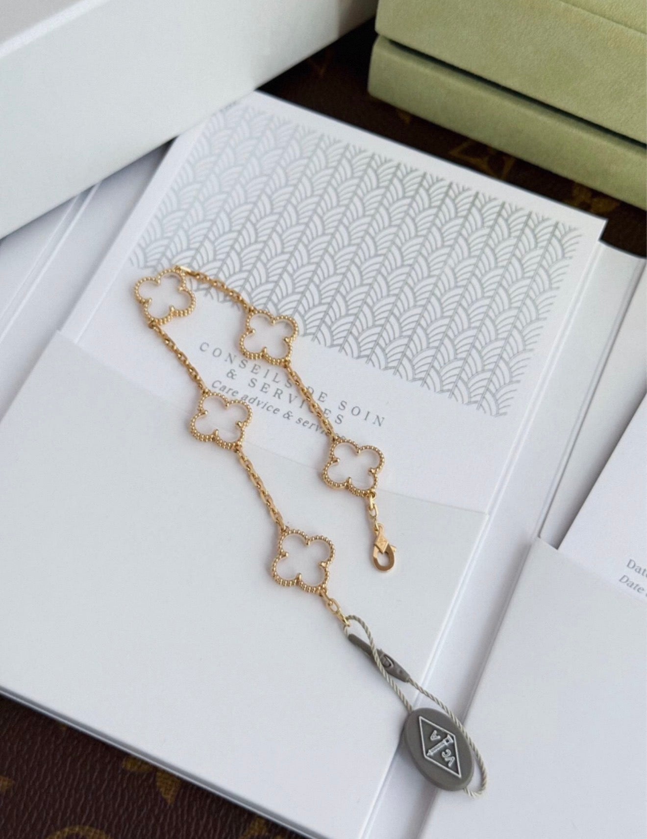 VAN CLEEF & ARPELS 18K Yellow Gold Rock Crystal 5 Motifs Vintage Alhambra Bracelet