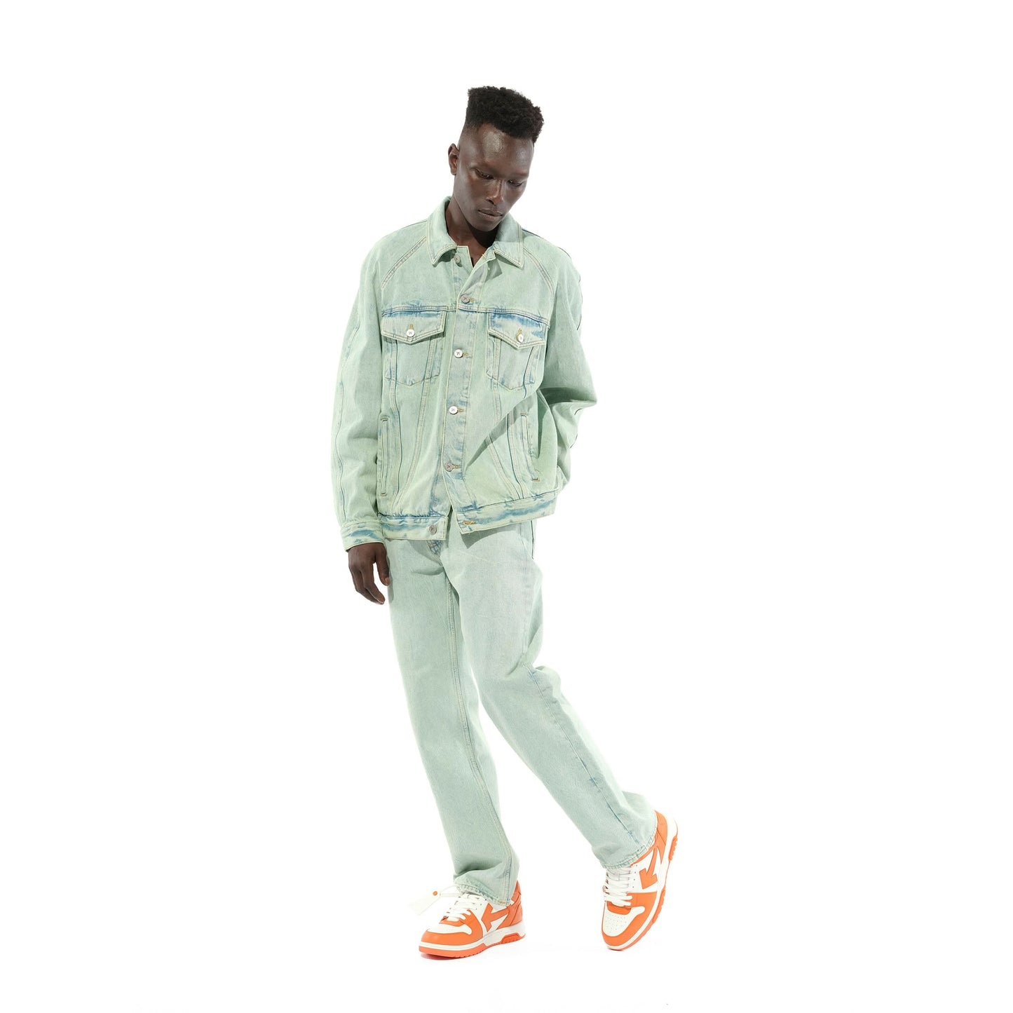 Overdye Logo Denim Pants in Mint/Off White