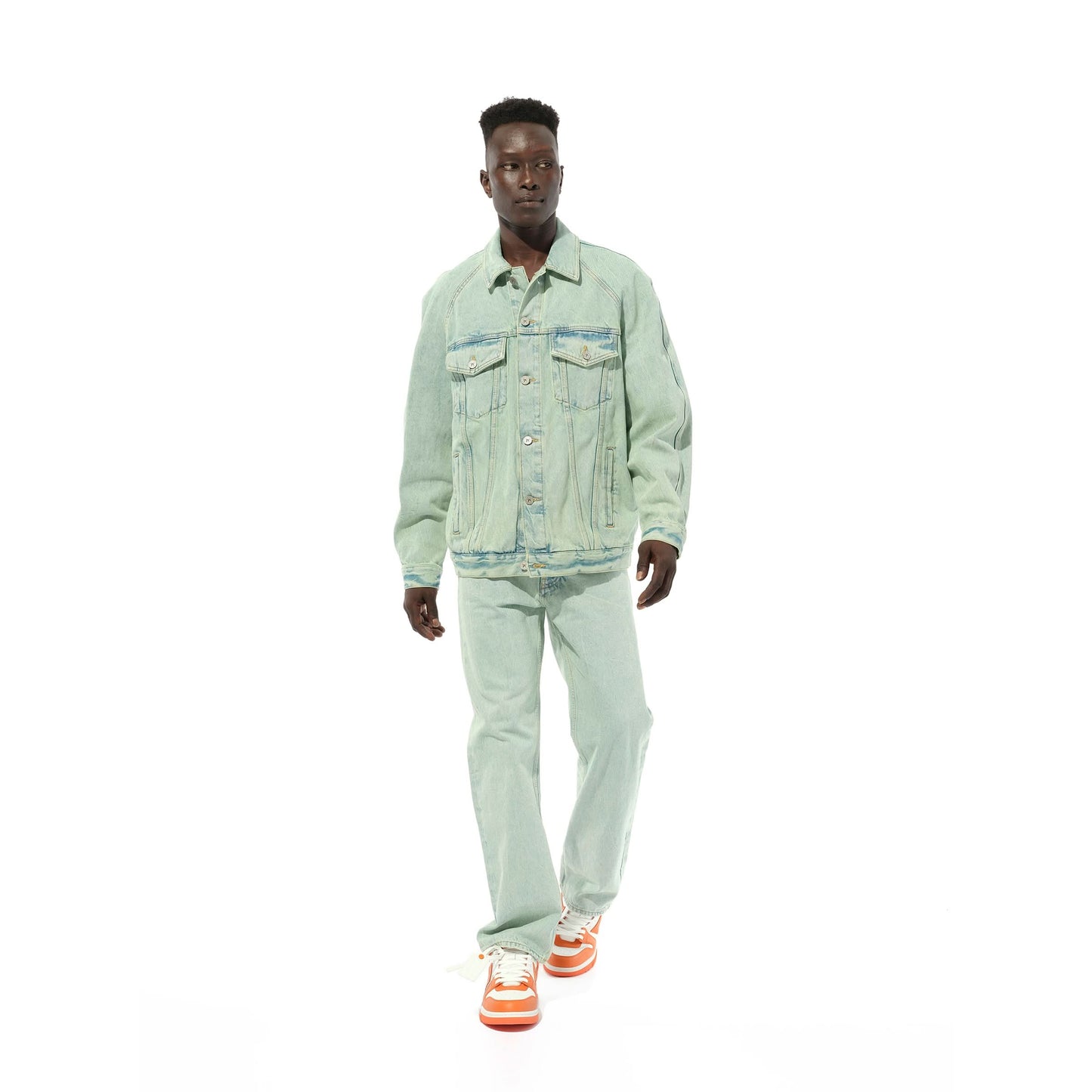 Overdye Logo Loose Denim Jacket in Mint/Off White