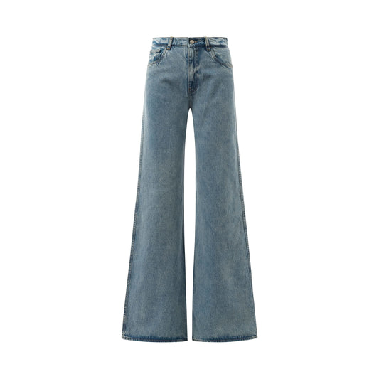 Wide Leg Denim Pants in Blue Washed