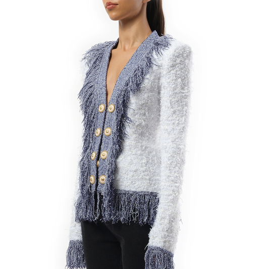 Collarless Glittered Fringed Tweed Jacket in White/Blue