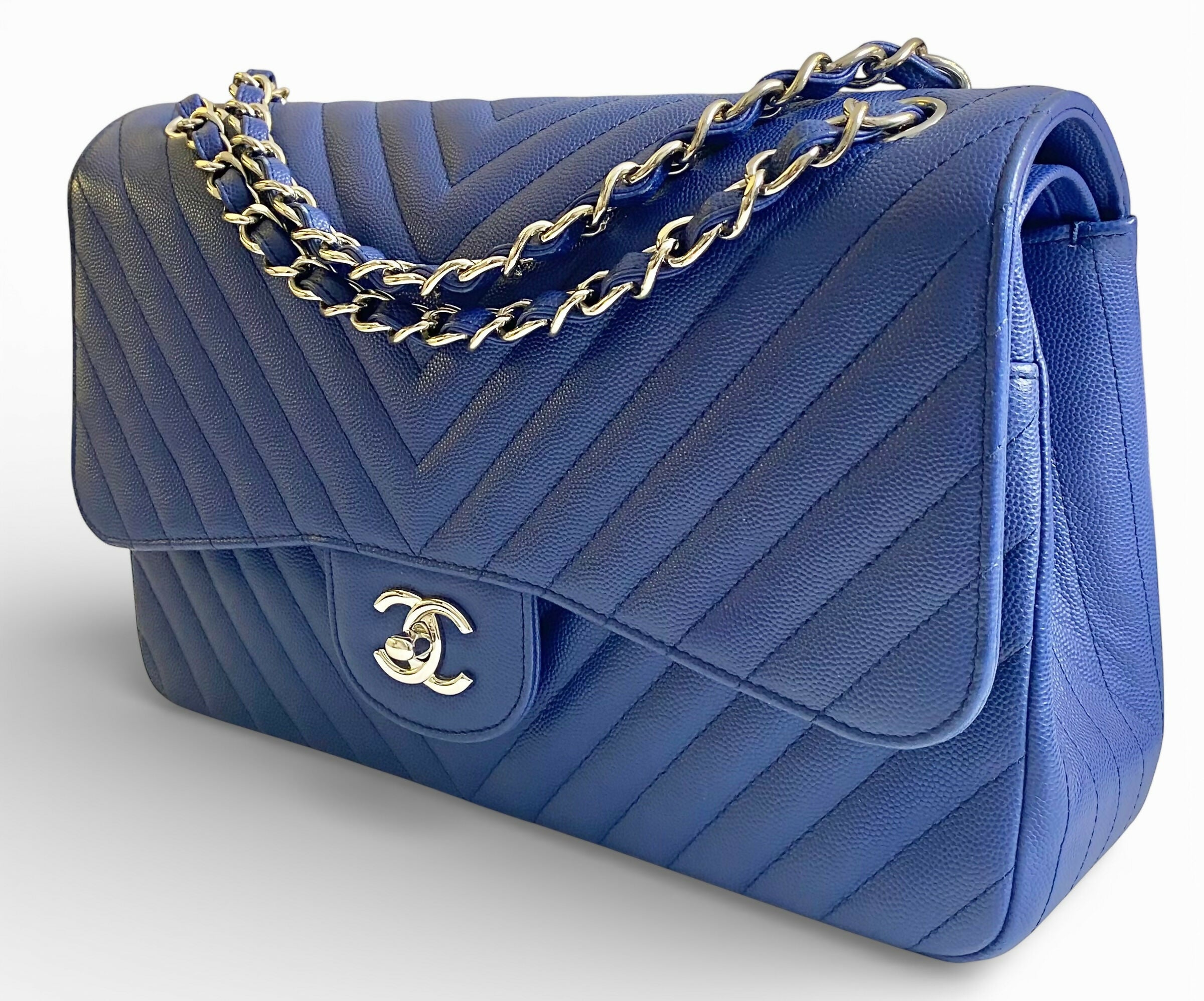 Chanel 2019 Caviar Royal Blue Jumbo Chevron Double Flap Timeless Classic Bag SHW