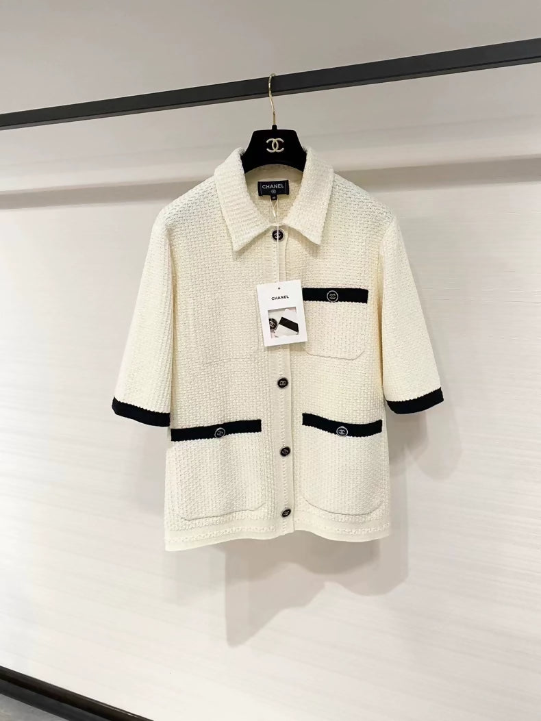 Chanel 24P ecru & black knit polo cardigan