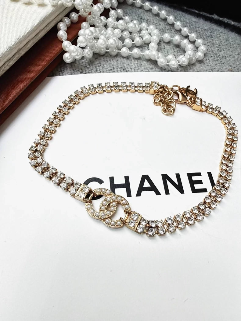 Chanel 20B double C full diamond light gold choker necklace