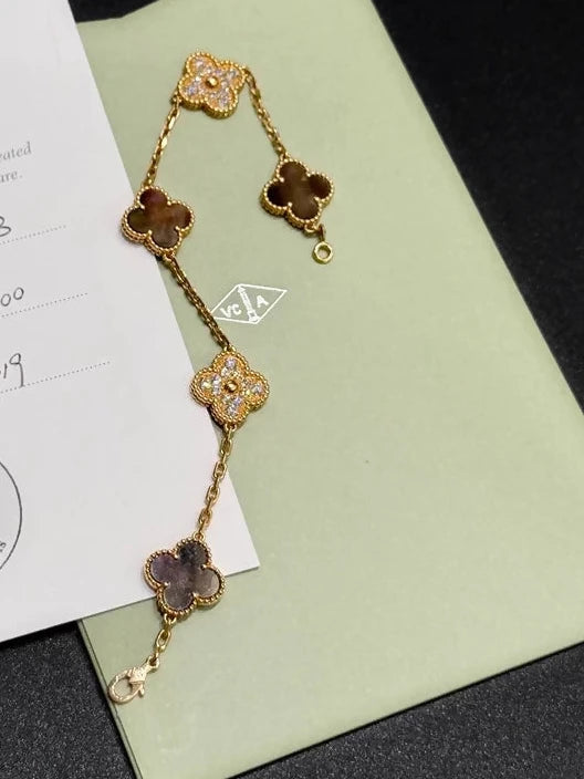 VAN CLEEF & ARPELS 18K ROSE GOLD DIAMOND AND GRAY MOP VINTAGE ALHAMBRA 50TH ANNIVERSARY BRACELET