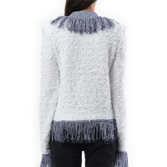 Collarless Glittered Fringed Tweed Jacket in White/Blue