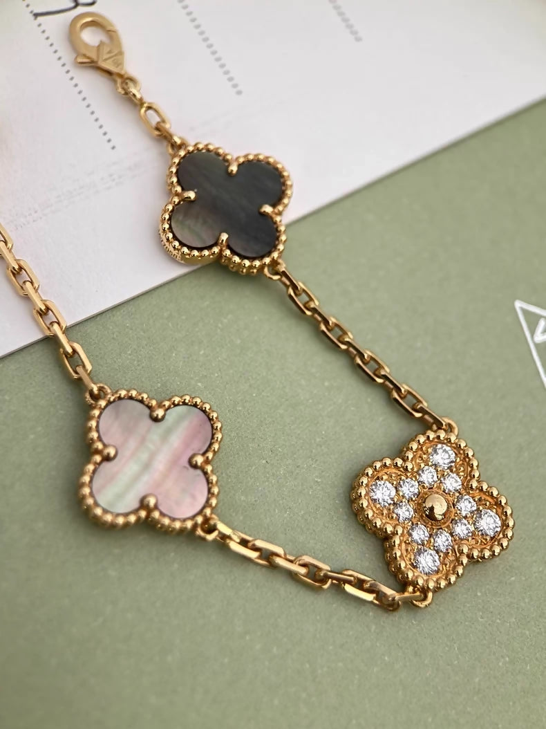 VAN CLEEF & ARPELS 18K ROSE GOLD DIAMOND AND GRAY MOP VINTAGE ALHAMBRA 50TH ANNIVERSARY BRACELET