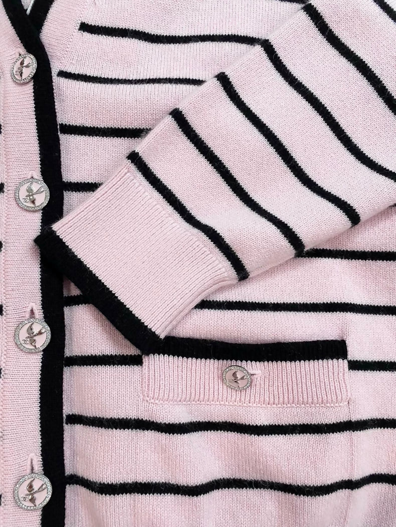 Chanel 25SS Pink and Black Striped Cashmere Cardigan