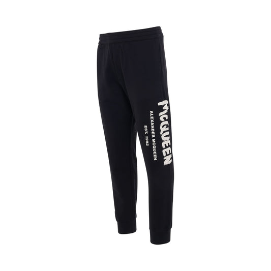 Graffiti Print Joggers Pants in Black/Ivory