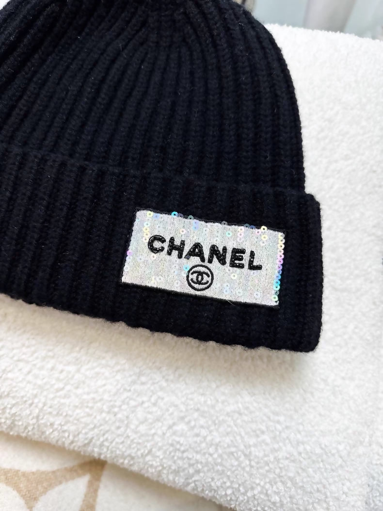 Chanel white sequined logo knit beanie