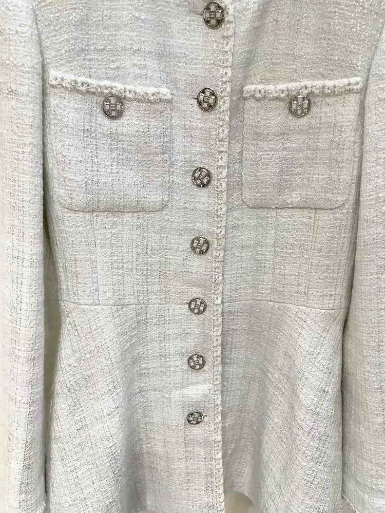 Chanel 23SS white tweed jacket with silver shimmer
