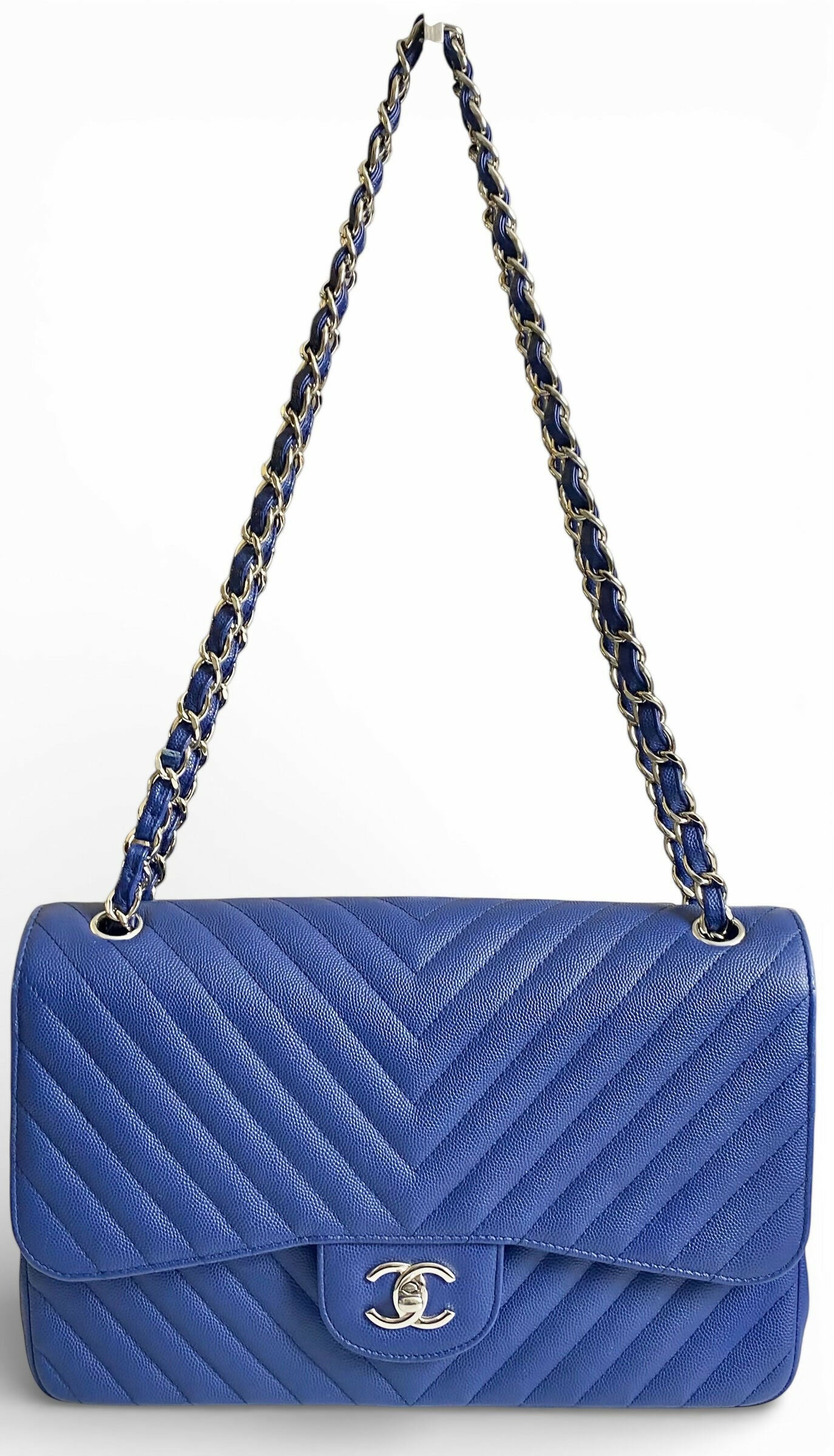 Chanel 2019 Caviar Royal Blue Jumbo Chevron Double Flap Timeless Classic Bag SHW
