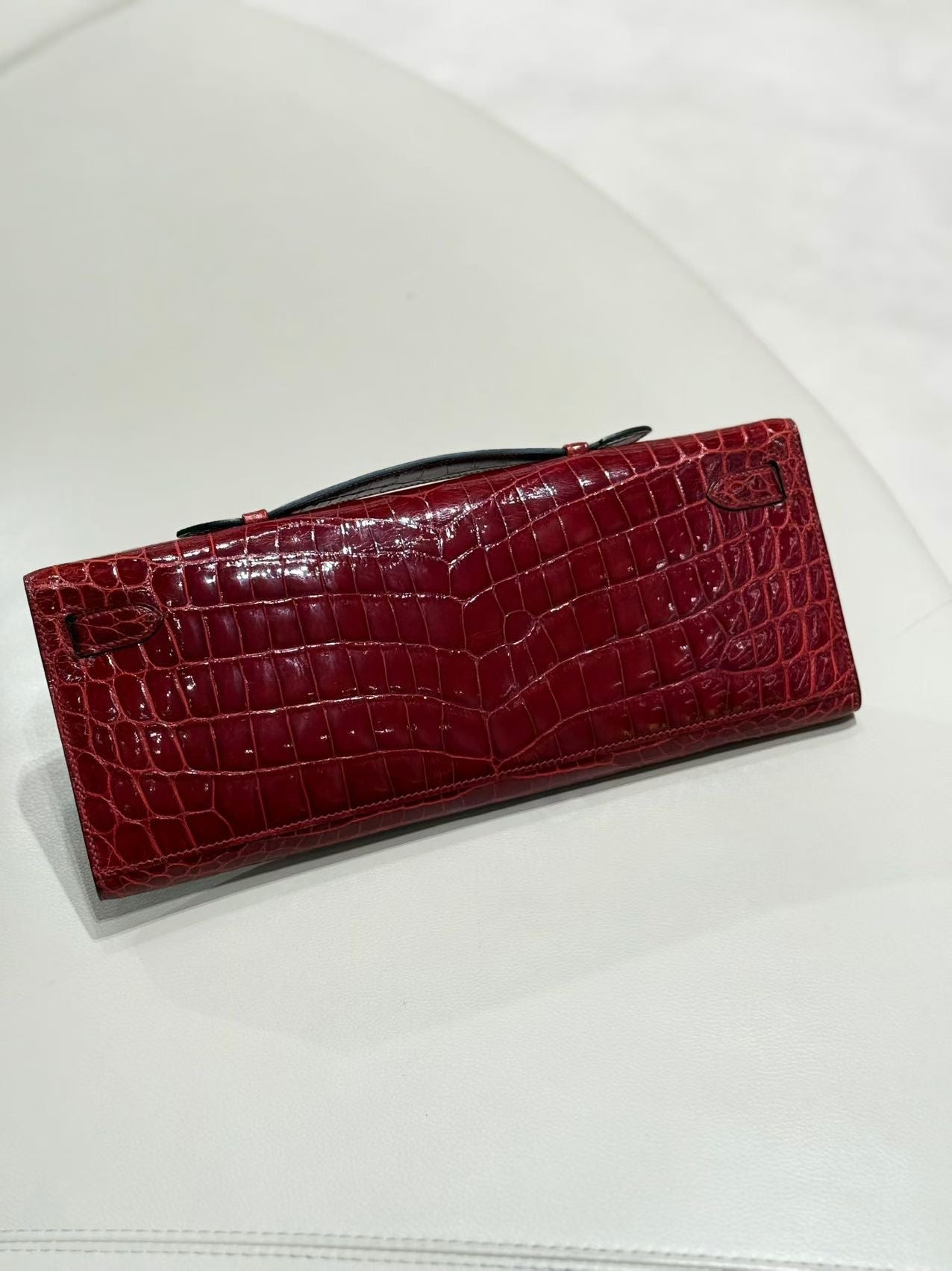 Hermes Kelly cut Rouge Braise shiny crocodile leather palladium hardware