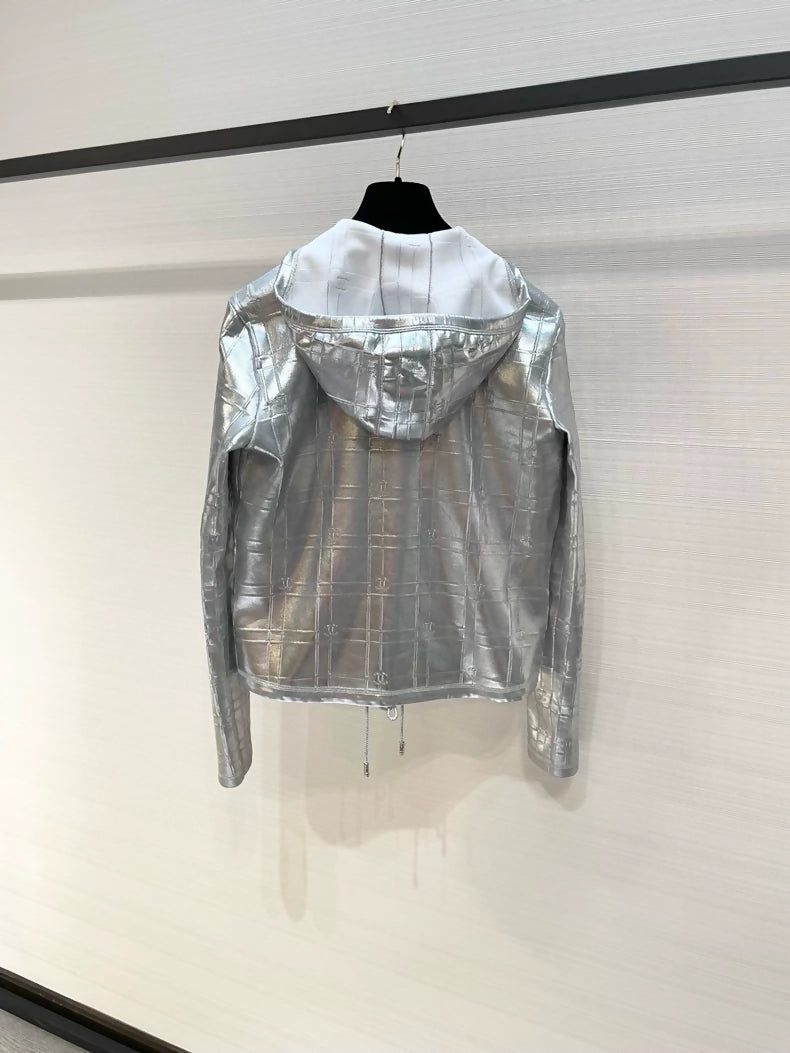 Chanel F36, 25C silver tech-inspired hooded zip-up jacket