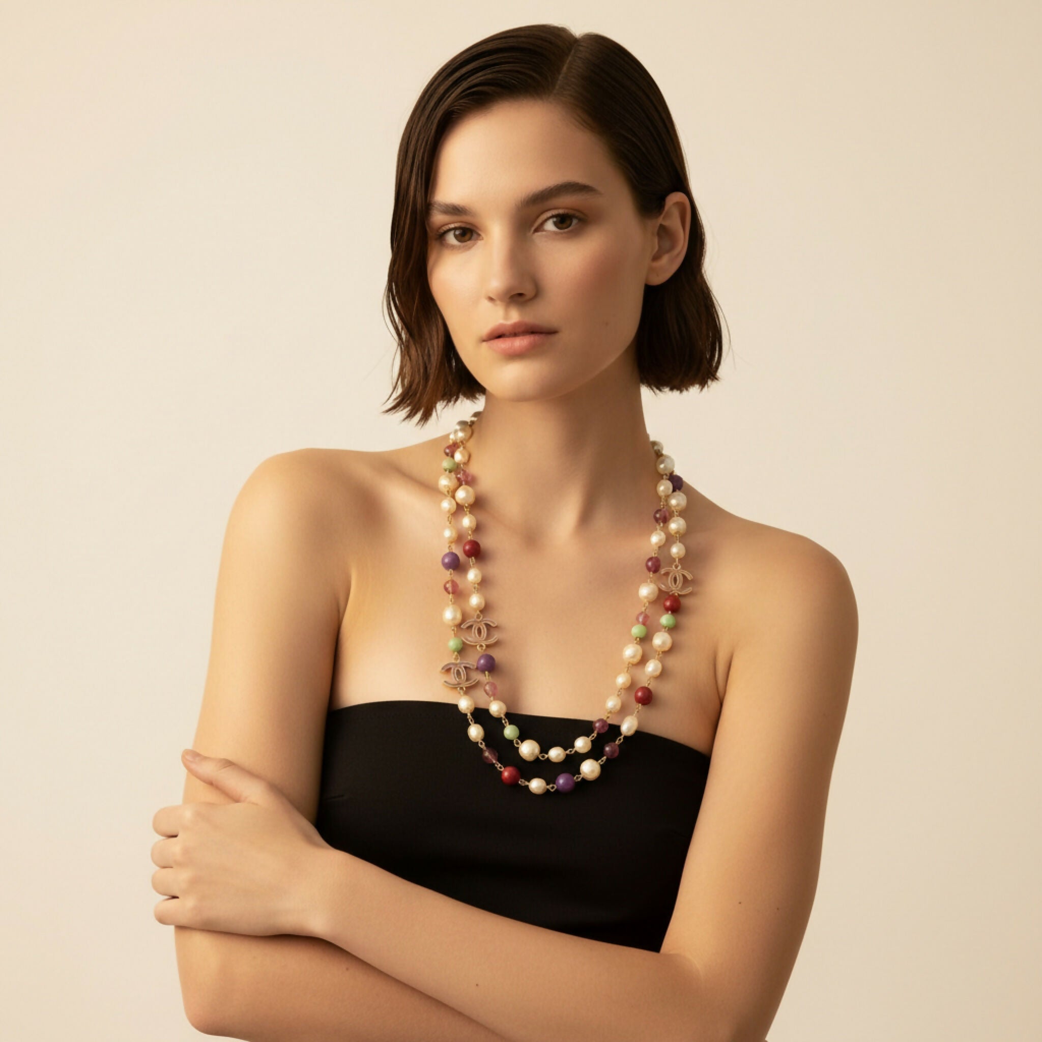 Chanel 11P Extra Long Strand CC Multicolor Necklace Gold Hardware