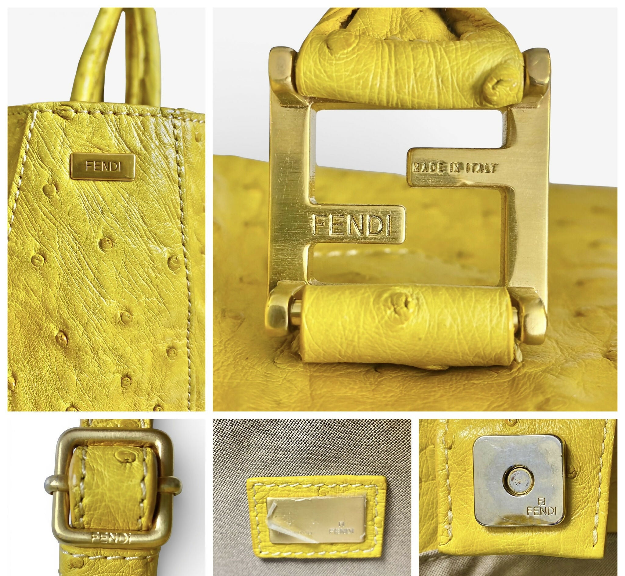 Rare Fendi Vintage Yellow Ostrich Twins Tote Gold Hardware