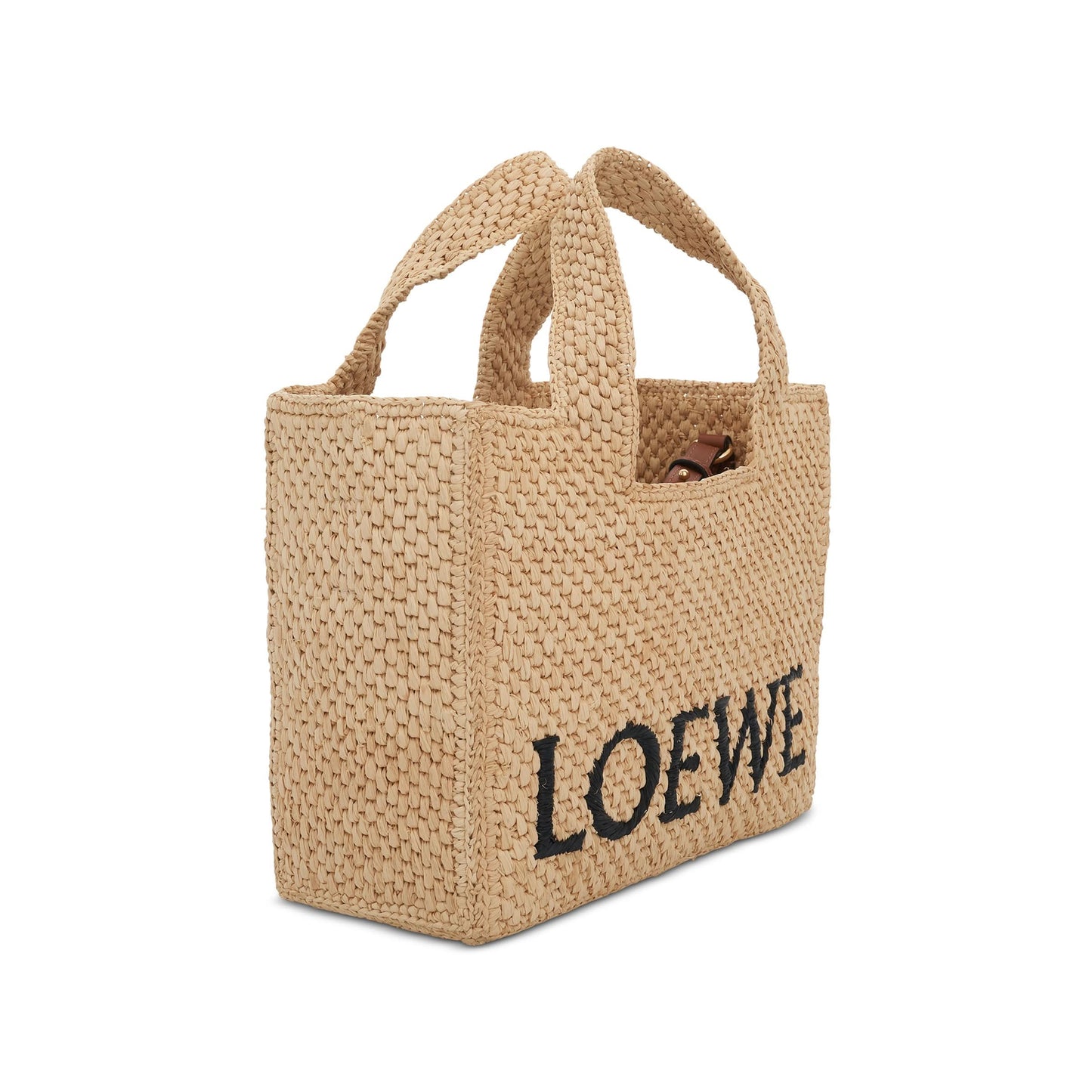 Small Logo Font Tote Bag in Raffia and Calfskin in Natural