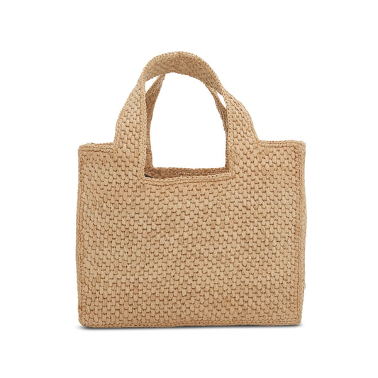 Small Logo Font Tote Bag in Raffia and Calfskin in Natural