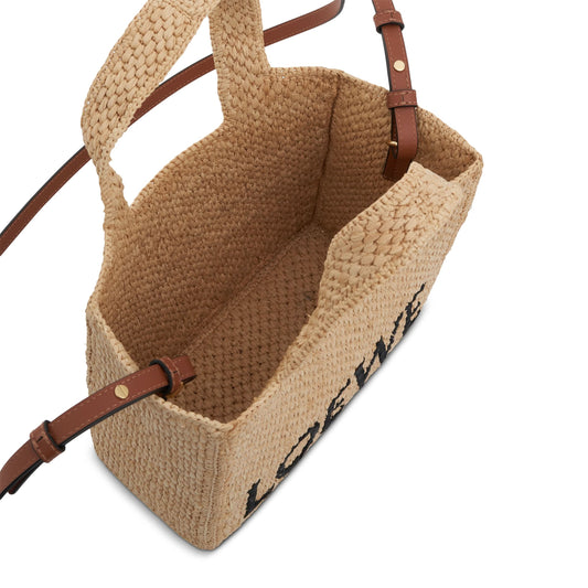 Small Logo Font Tote Bag in Raffia and Calfskin in Natural