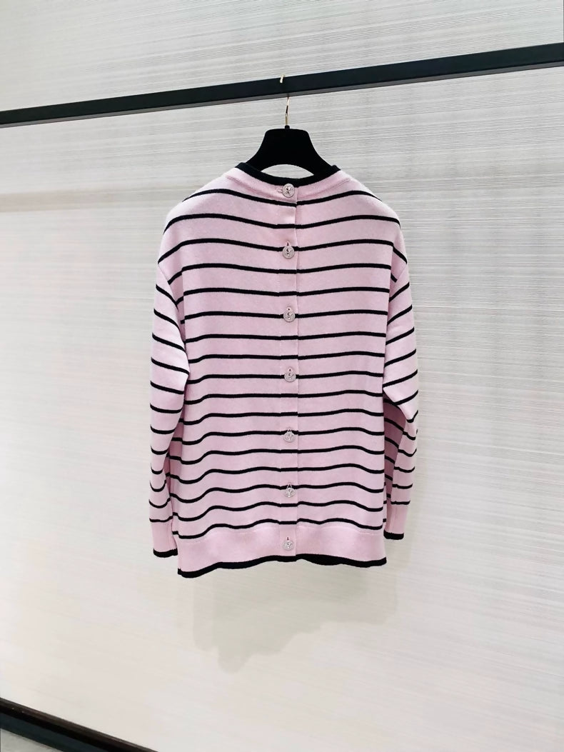 Chanel 25SS Pink and Black Striped Cashmere Cardigan
