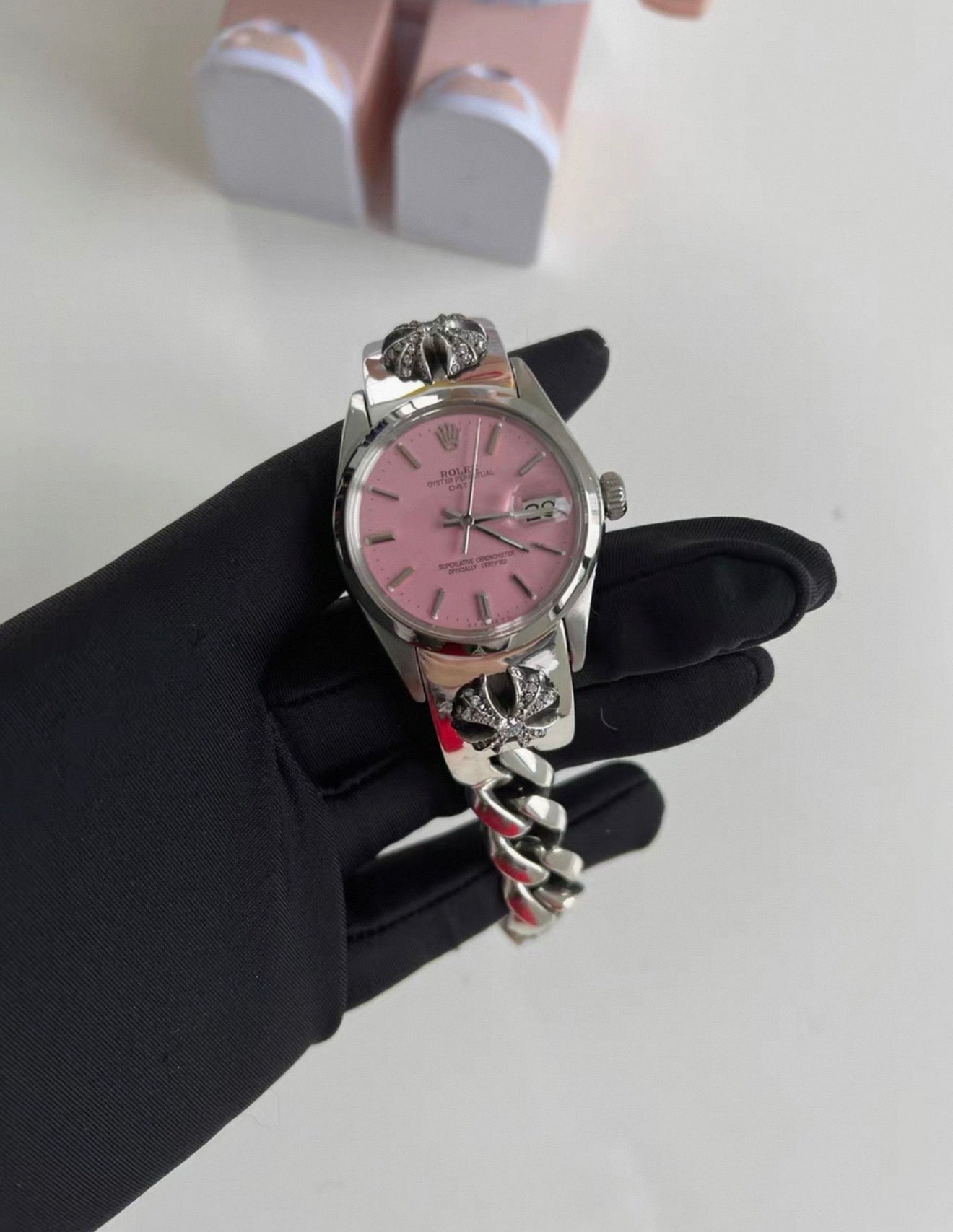 Chromes Hearts Pink Silver Rolex Watch