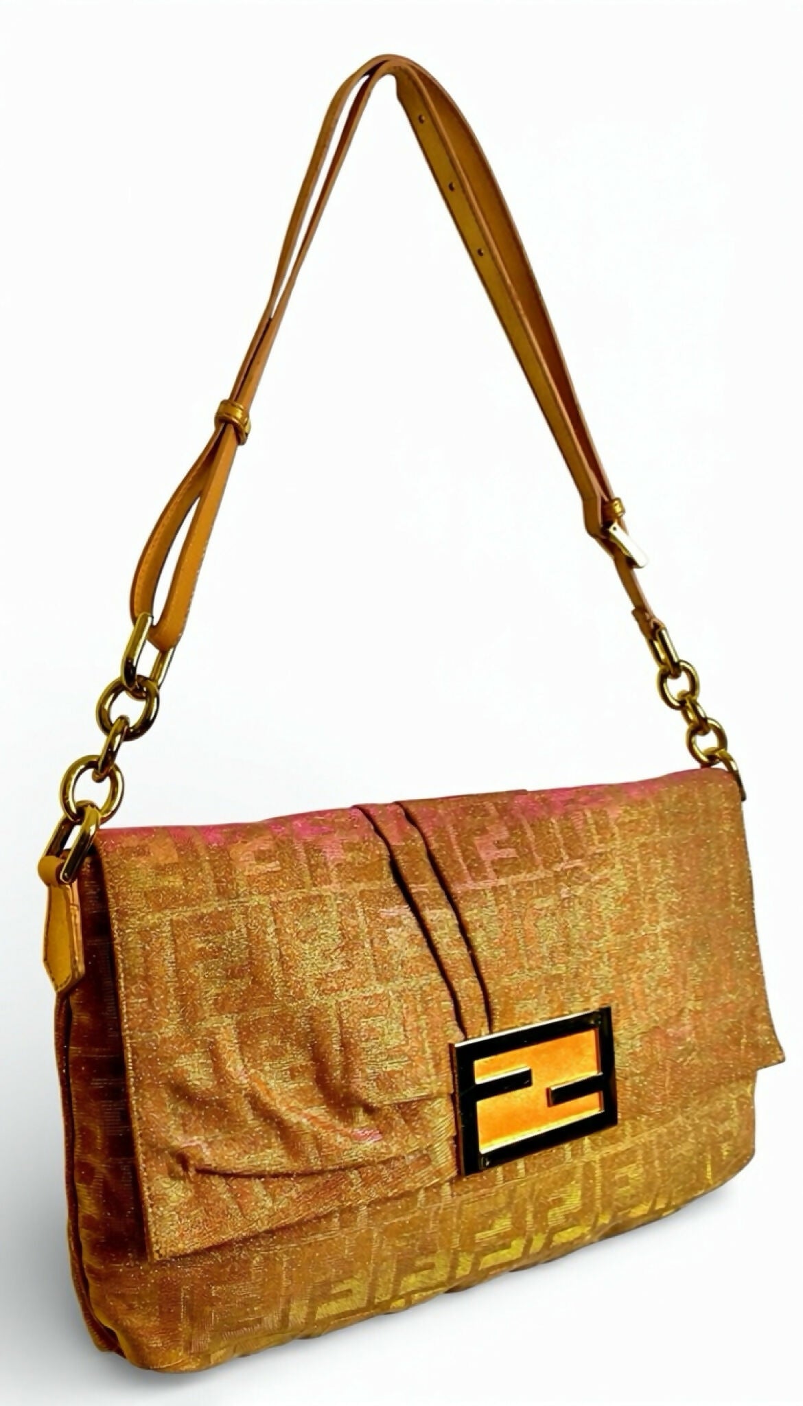Limited Edition Fendi Zucca Baguette Metallic Pink Gold Iridescent Large Mia Bag