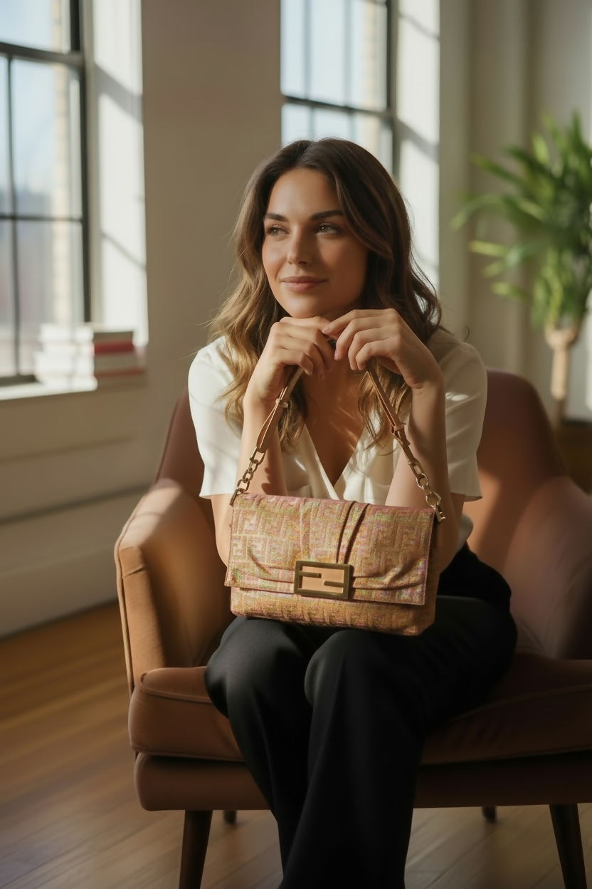 Limited Edition Fendi Zucca Baguette Metallic Pink Gold Iridescent Large Mia Bag