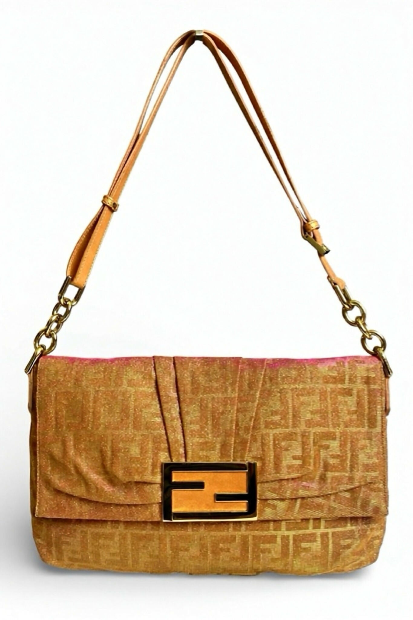 Limited Edition Fendi Zucca Baguette Metallic Pink Gold Iridescent Large Mia Bag