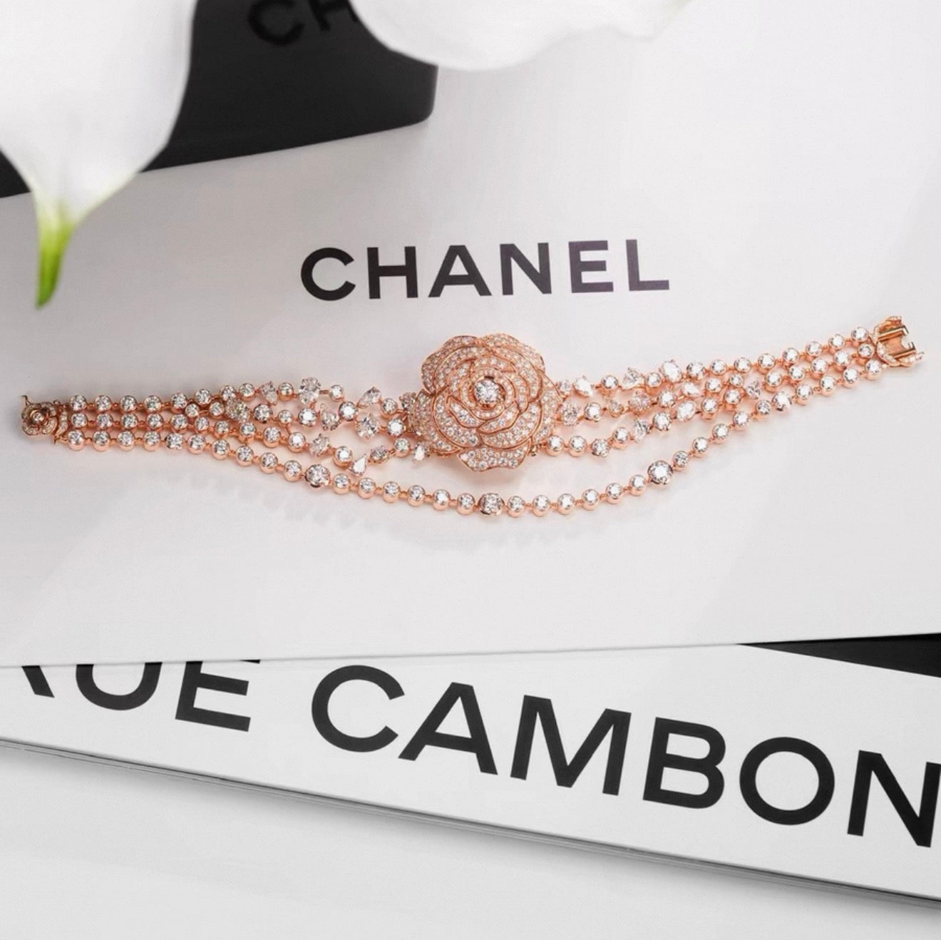 Chanel "Camélia Garden" high jewelry collection features a rose gold tassel chain with full diamonds, detachable camellia brooch, bracelet, and bangle.