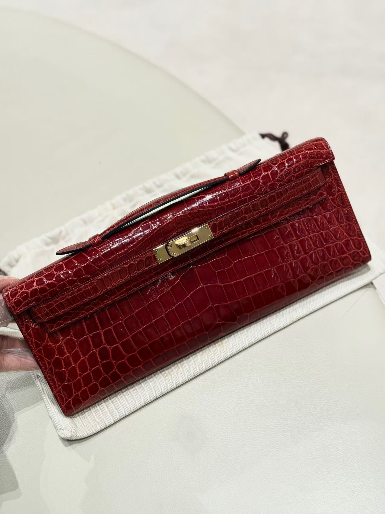 Hermes Kelly cut Rouge Braise shiny crocodile leather palladium hardware