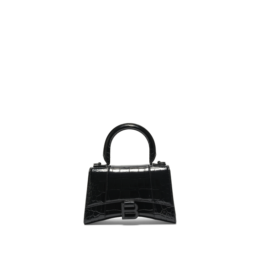 Hourglass XS Croco Embossed Bag in Black