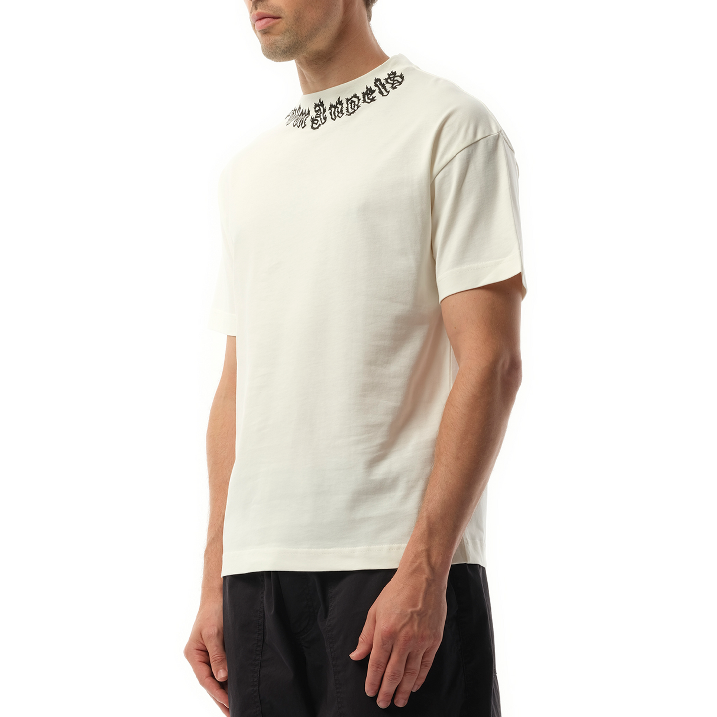 Palm Angels Neck Logo T-Shirt in Off White/Black