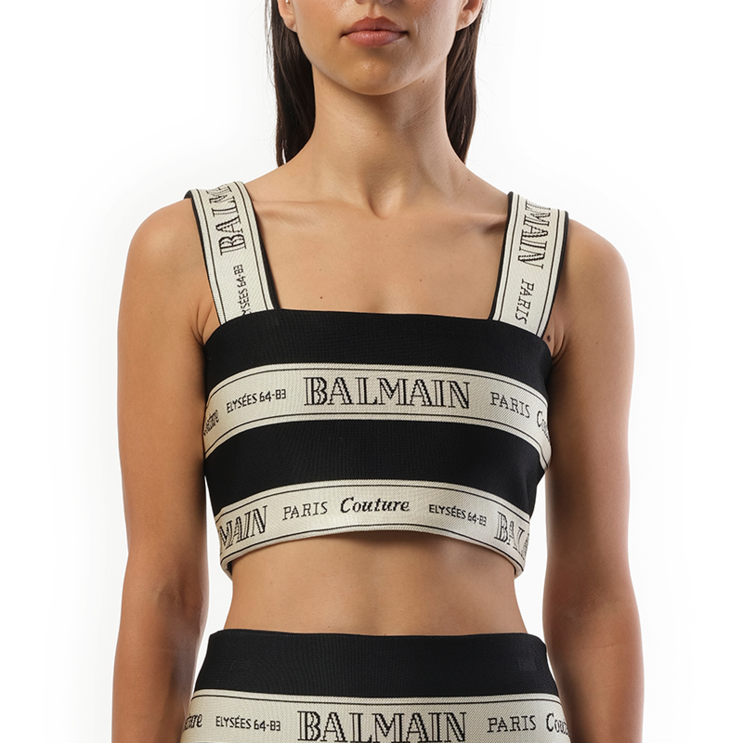 Striped Balmain Jacquard Crop Top in Black/Beige