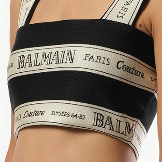 Striped Balmain Jacquard Crop Top in Black/Beige