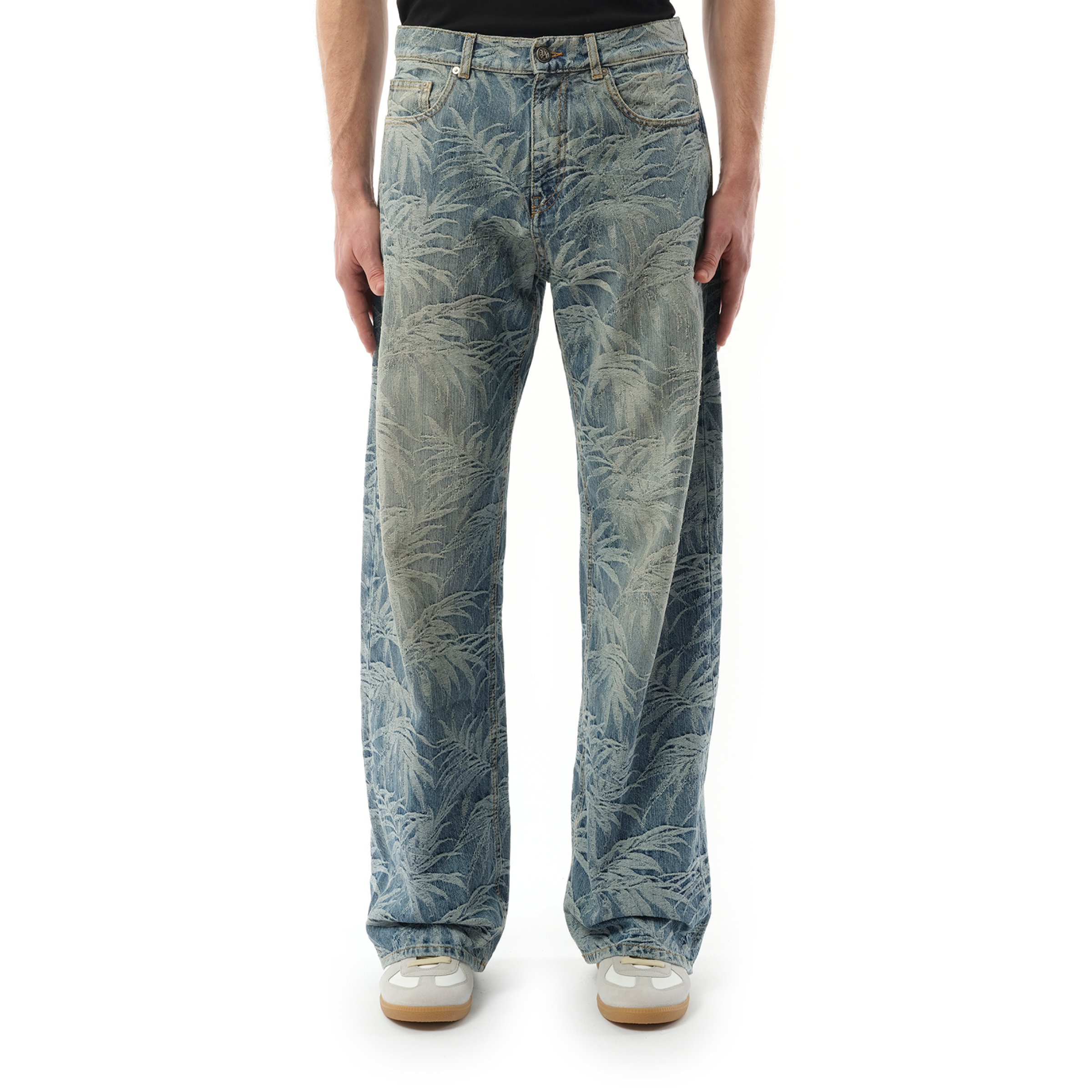 Loose 5 Pocket Palms Wash Denim Pants in Indigo Blue