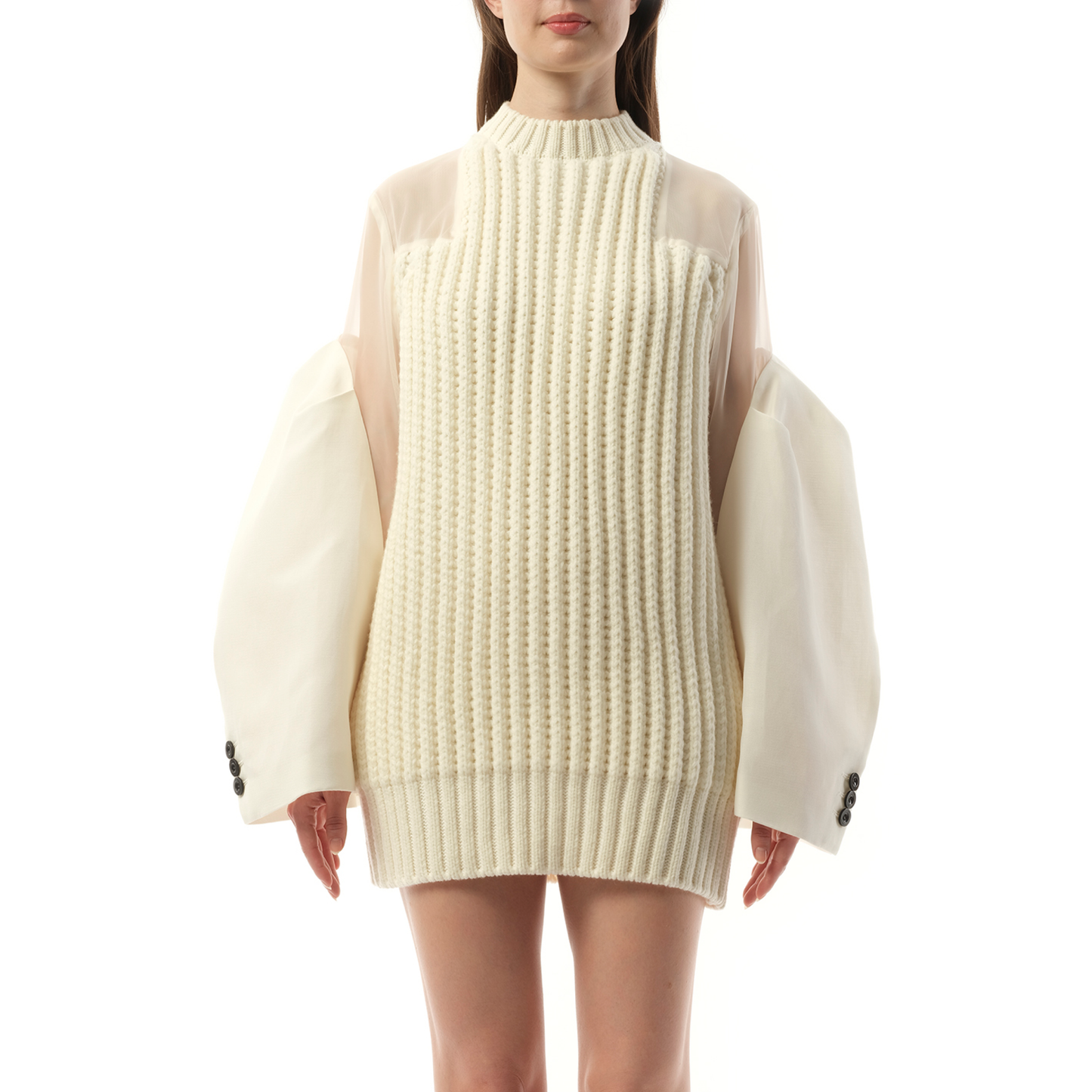 Silk Chiffon Mix Knit Dress in Off White