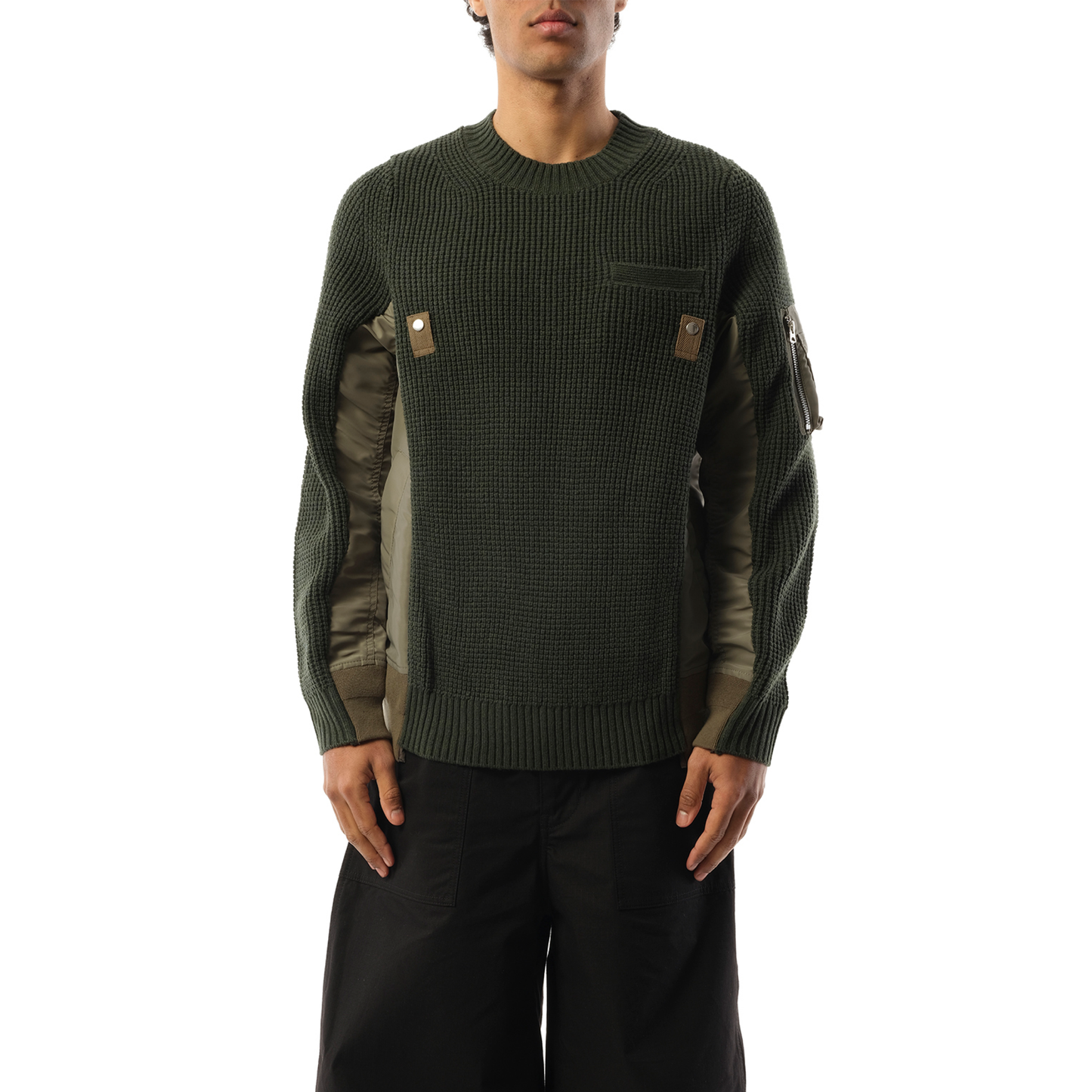 Nylon Twill x Wool Knit Pullover in Khaki