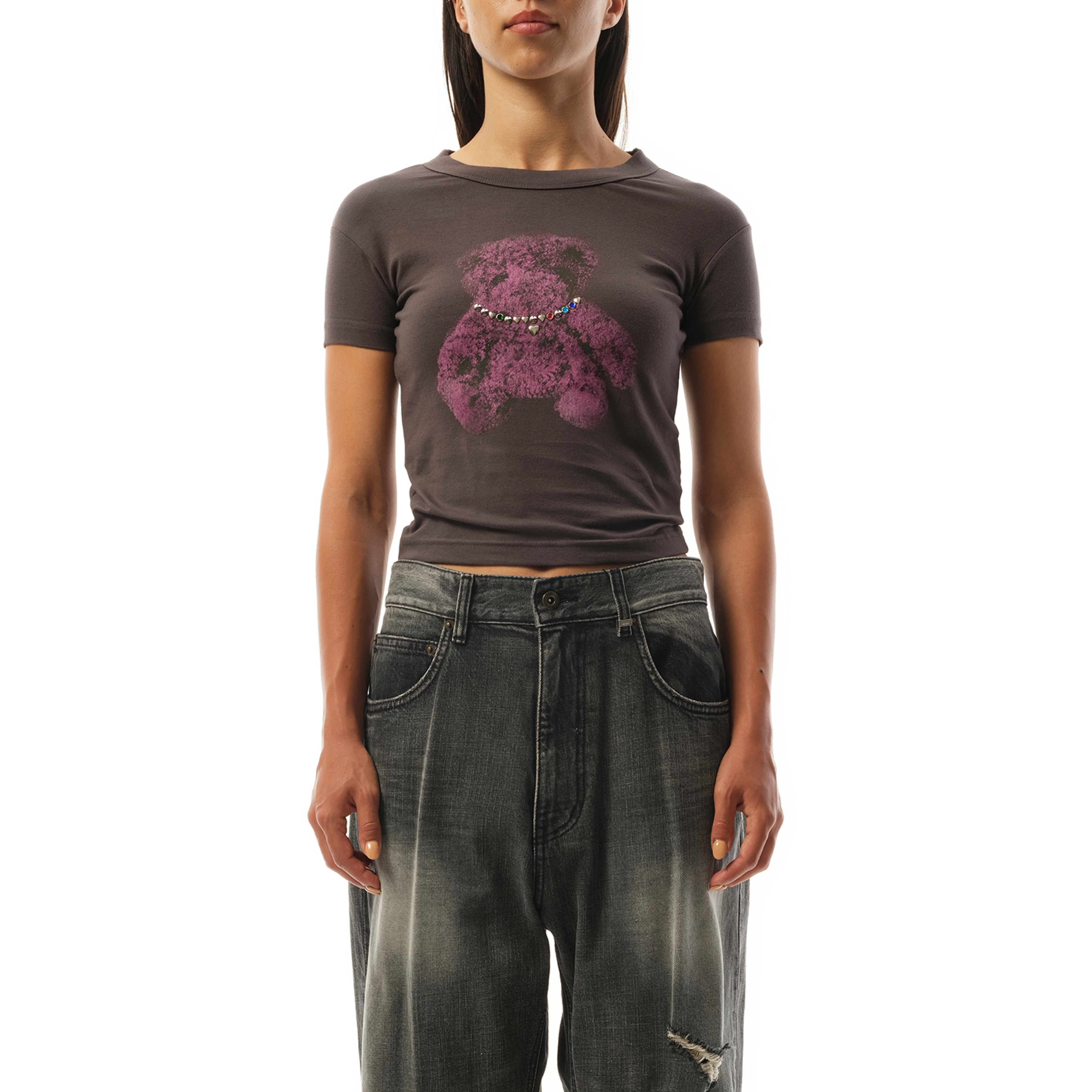 Womens Studded Bear Cropped T-Shirt in Charcoal