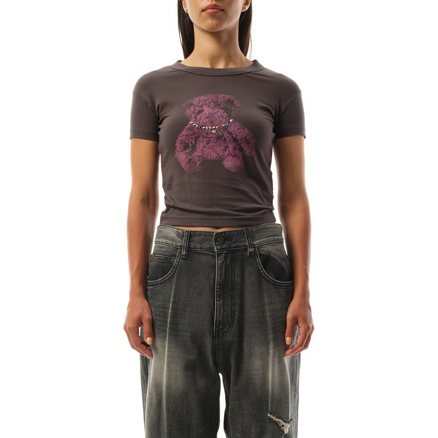 Womens Studded Bear Cropped T-Shirt in Charcoal