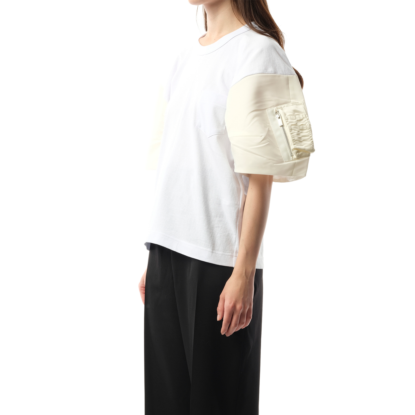 Nylon Twill Cotton Jersey T-Shirt in Off White