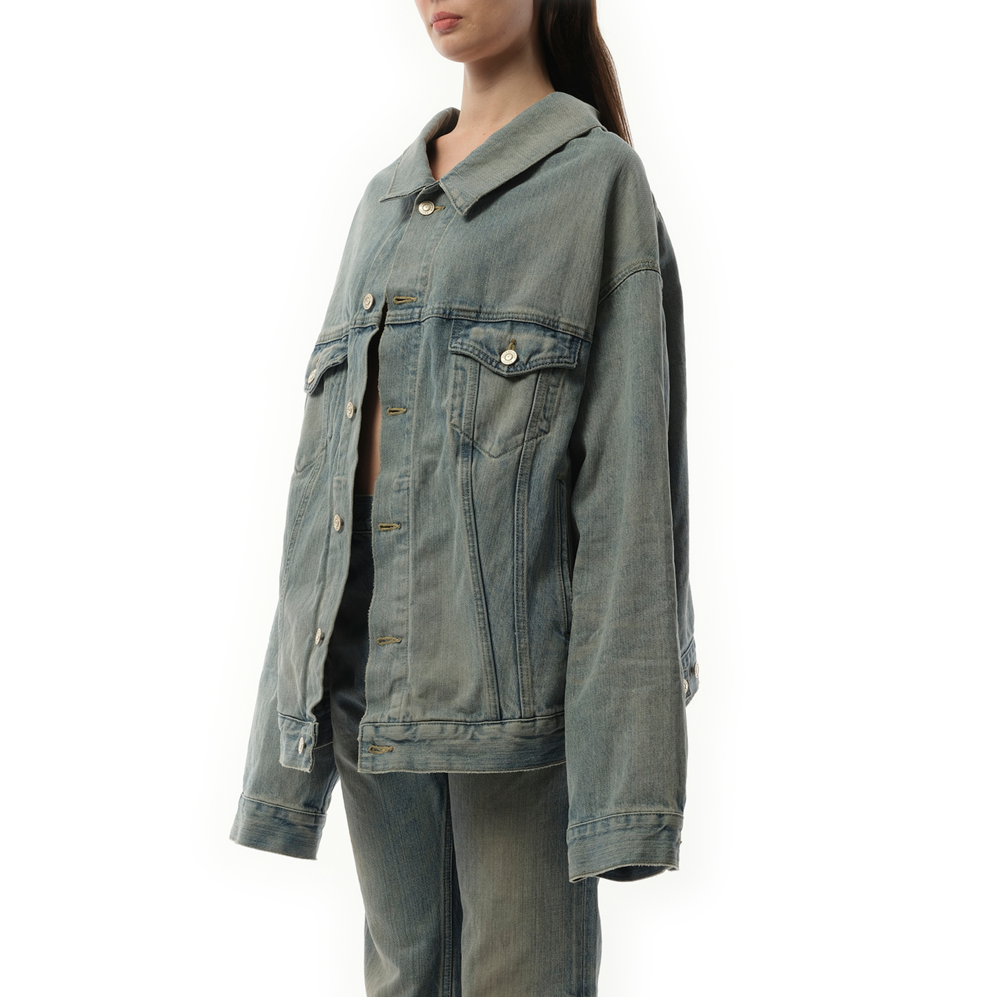 Off Shoulder Selvedge Denim Jacket in Blue